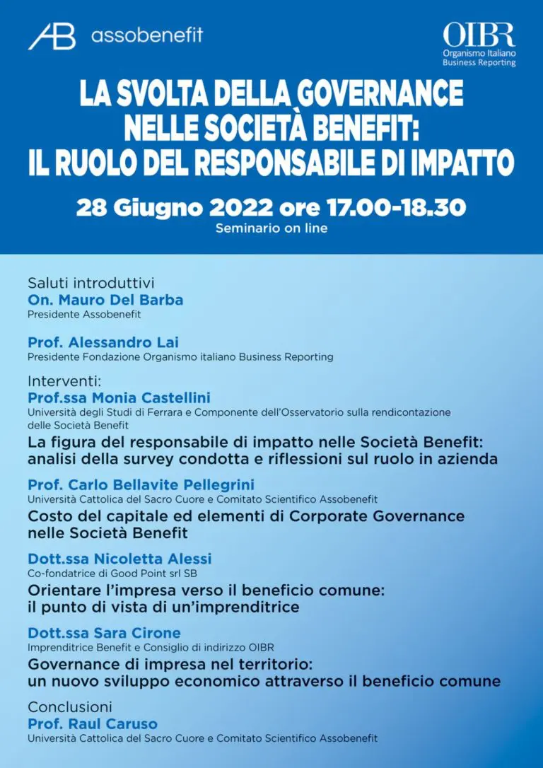 Webinar Assobenefit e OIBR sul responsabile d'impatto nelle società benefit